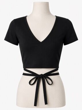 Zara black plunging V-neck wrap tie cropped tee NWT